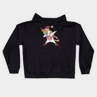 Unicorn Wearing Santa Hat, Showing Scarf And The Trendy Dab Dance Pose Of Rainbow Unicorns Kids Hoodie